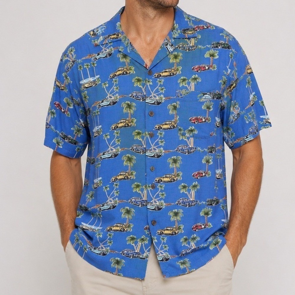 Ocean Current Hawaiian Shirt Short Sleeve Button Up Mens Blue Rayon Large